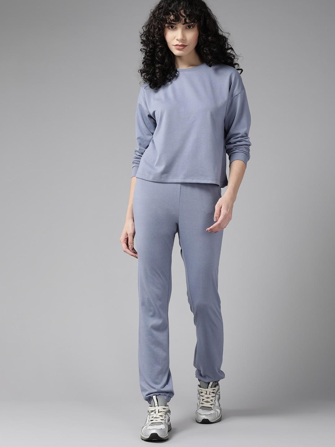 roadster women blue solid t-shirt with joggers
