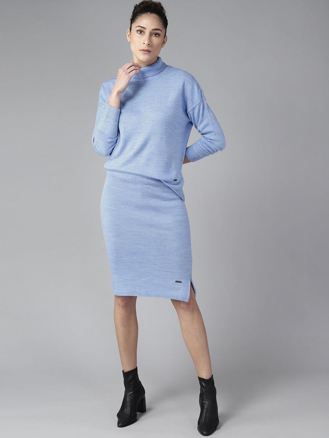 roadster women blue solid winter top with skirt
