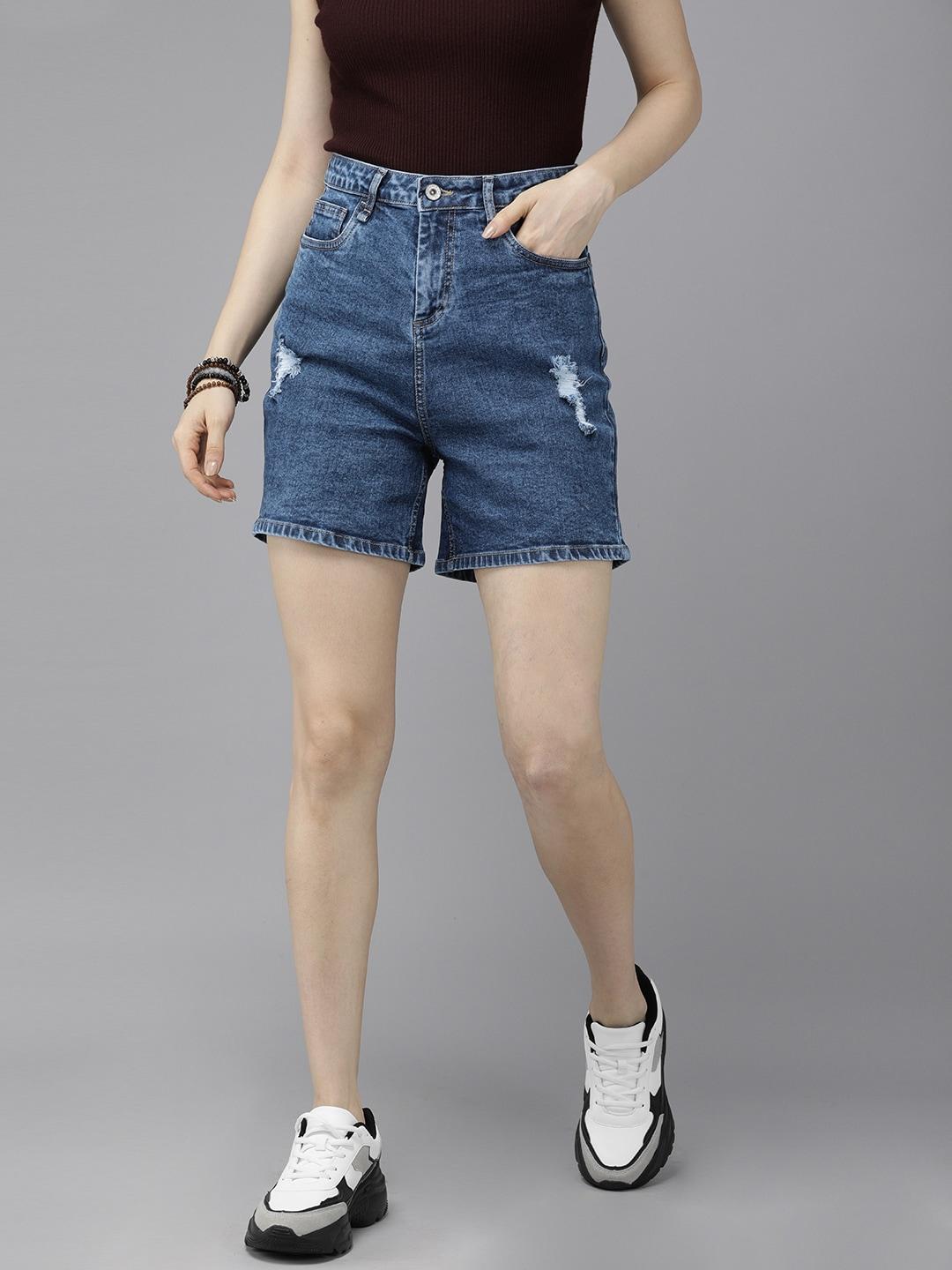 roadster women blue washed high-rise distressed denim shorts