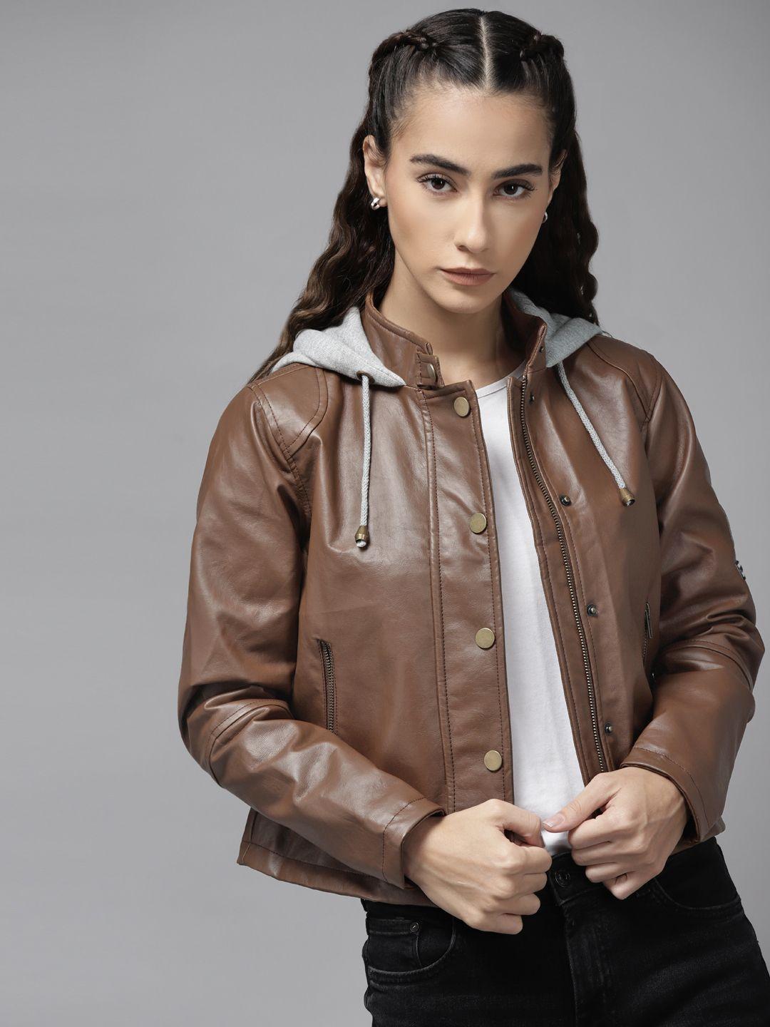 roadster women brown solid coated hooded tailored jacket
