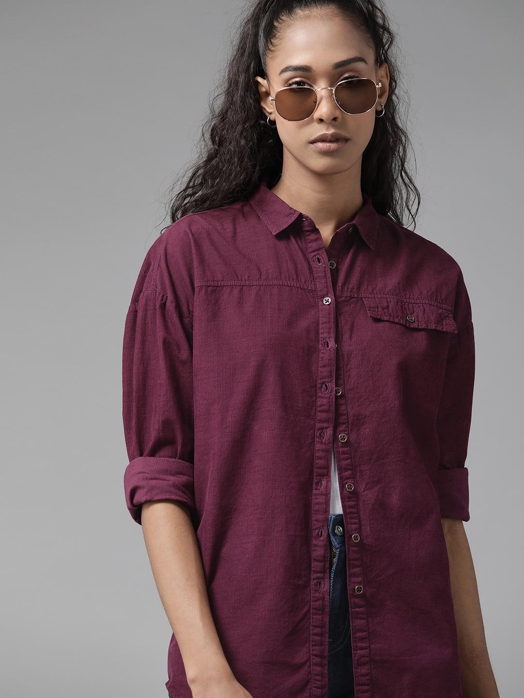 roadster women burgundy pure cotton corduroy casual shirt