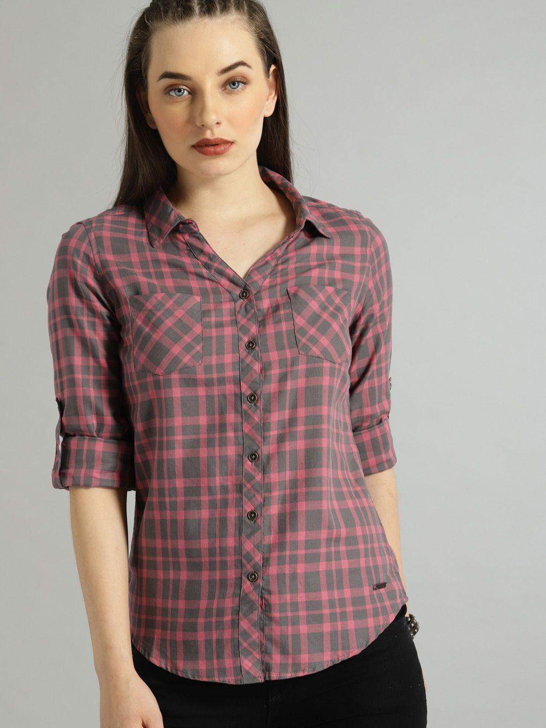 roadster women charcoal & pink slim fit checked sustainable casual shirt