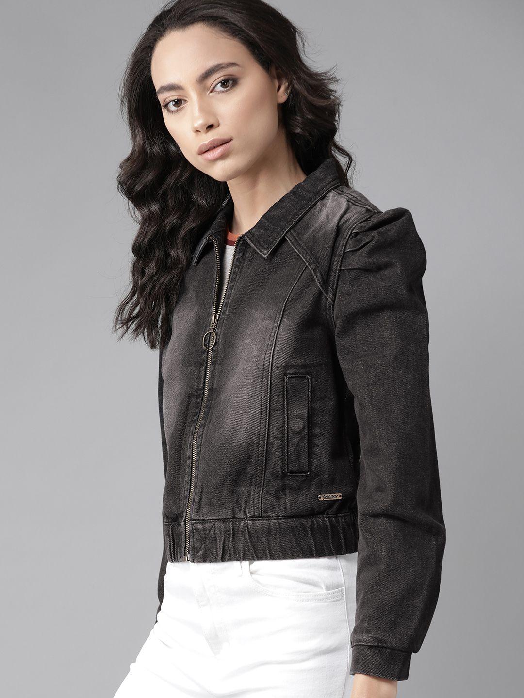 roadster women charcoal grey pure cotton washed denim jacket