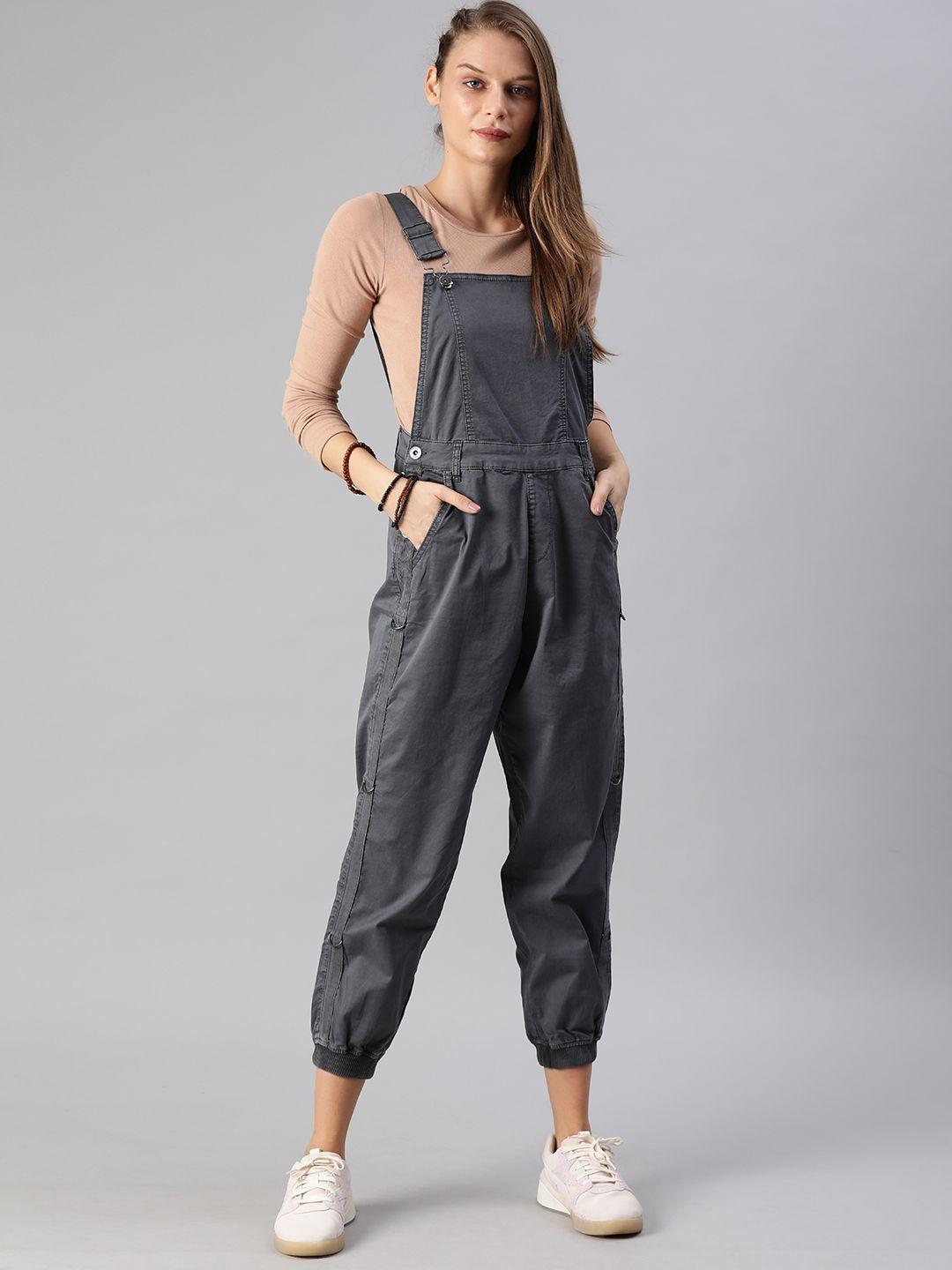 roadster women charcoal grey solid jogger dungarees