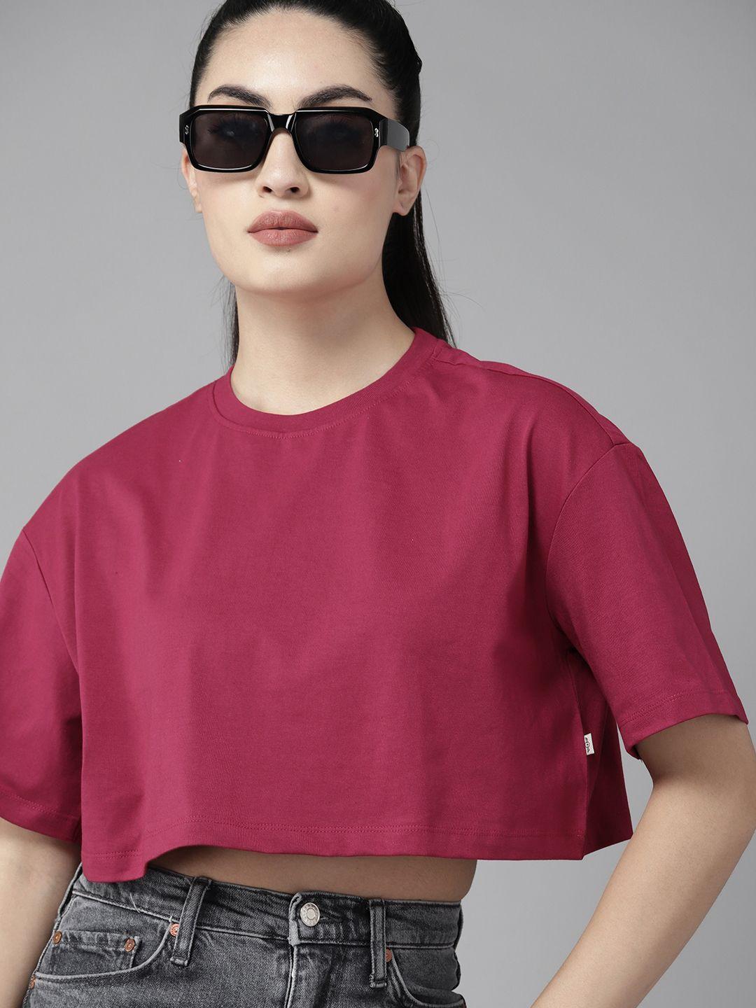 roadster women drop-shoulder sleeves pure cotton boxy t-shirt