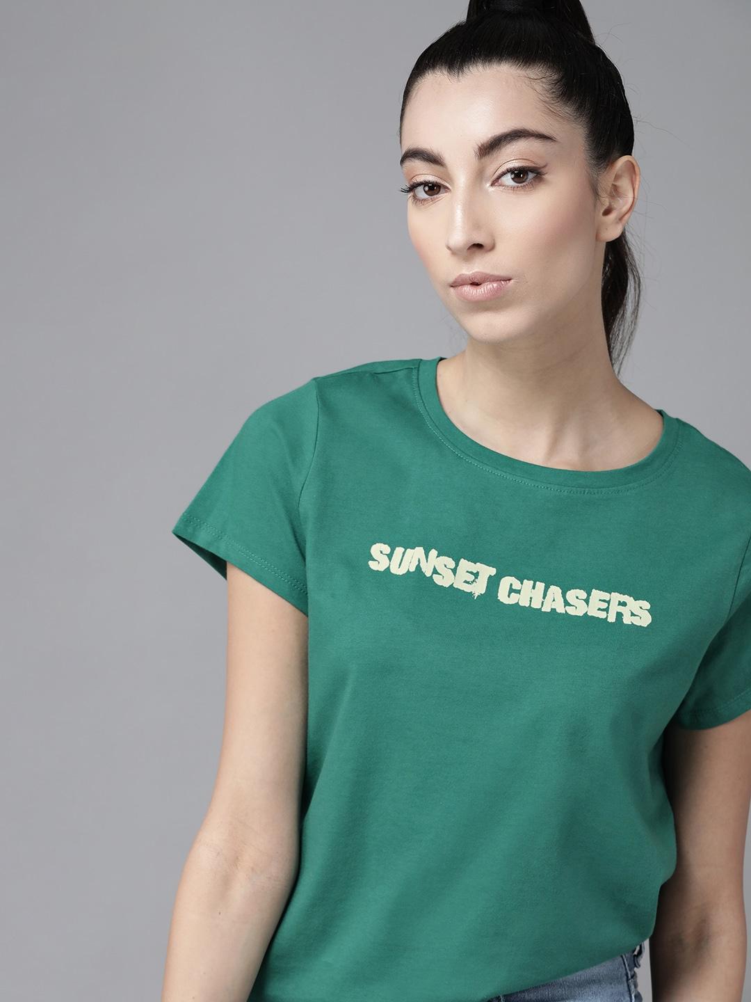 roadster women green pure cotton printed round neck t-shirt