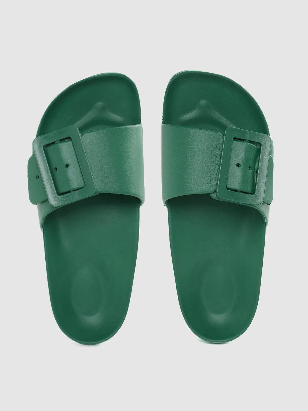roadster women green solid sliders with buckle detail