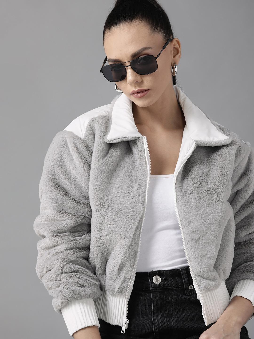 roadster women grey & white faux fur bomber jacket