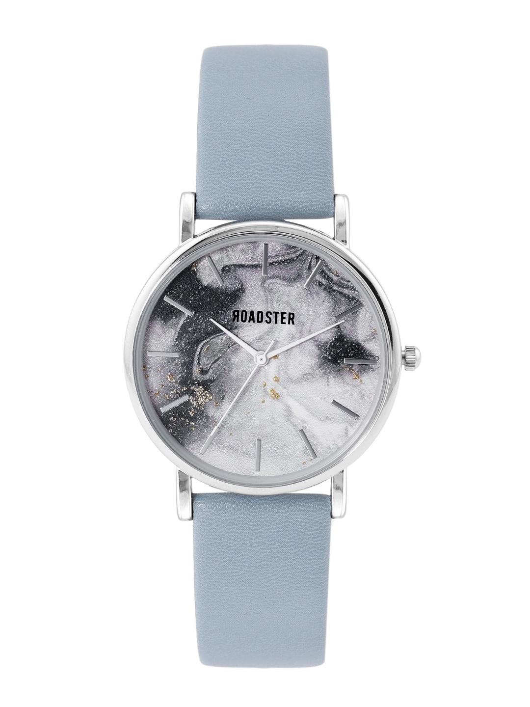 roadster women grey printed dial & blue straps analogue watch