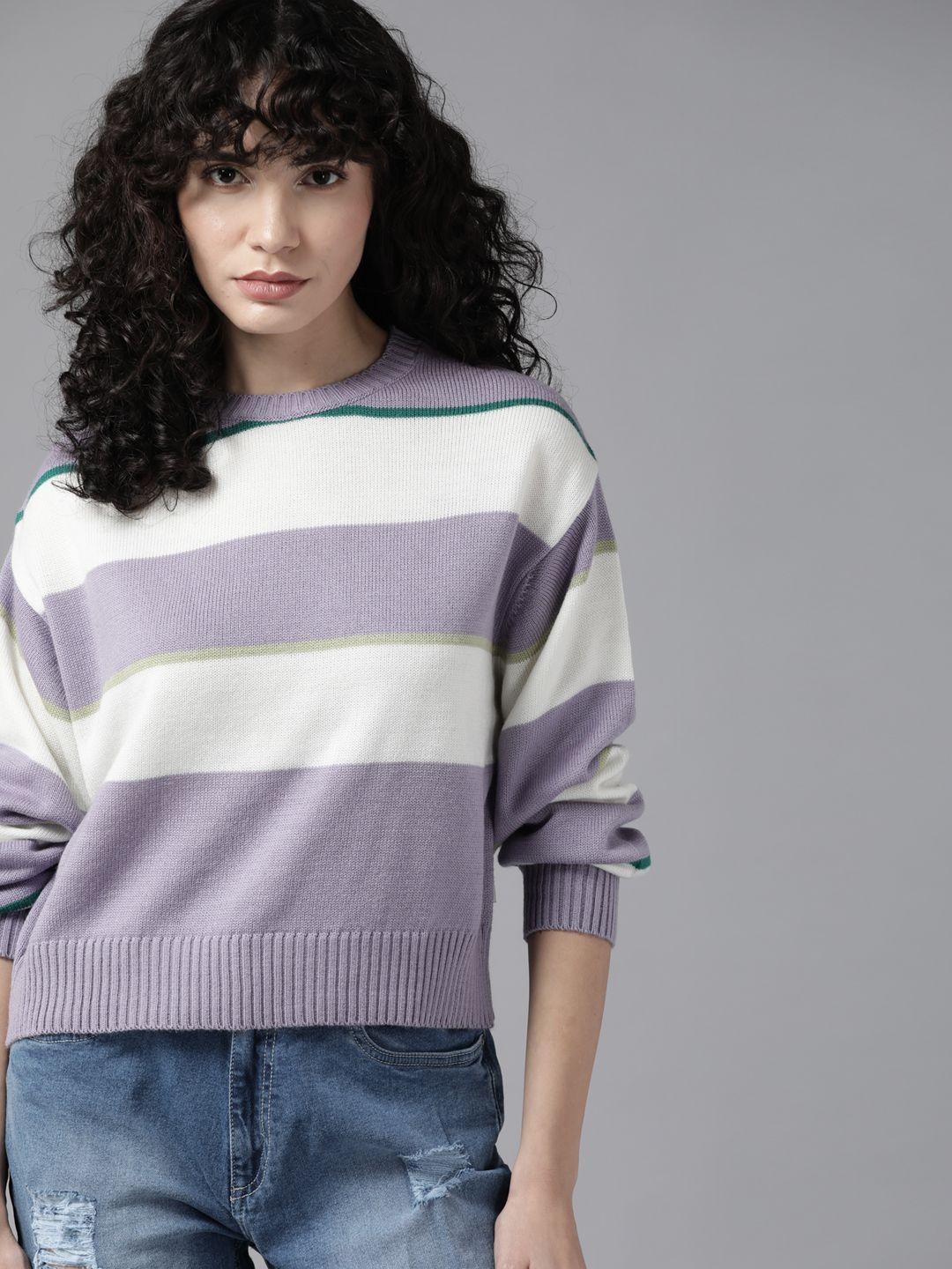 roadster women lavender & off white striped pullover
