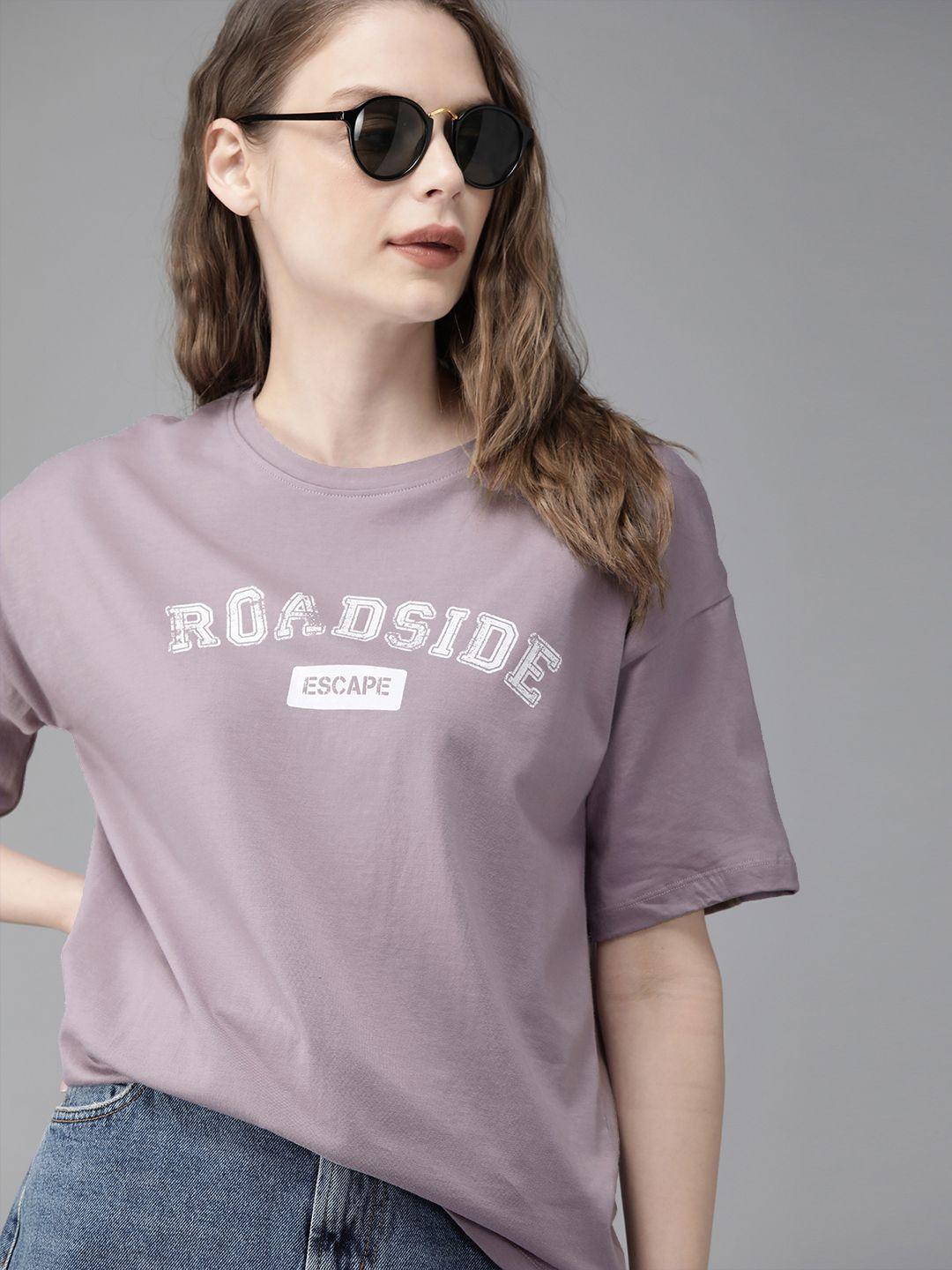 roadster women lavender printed boxy round neck pure cotton t-shirt