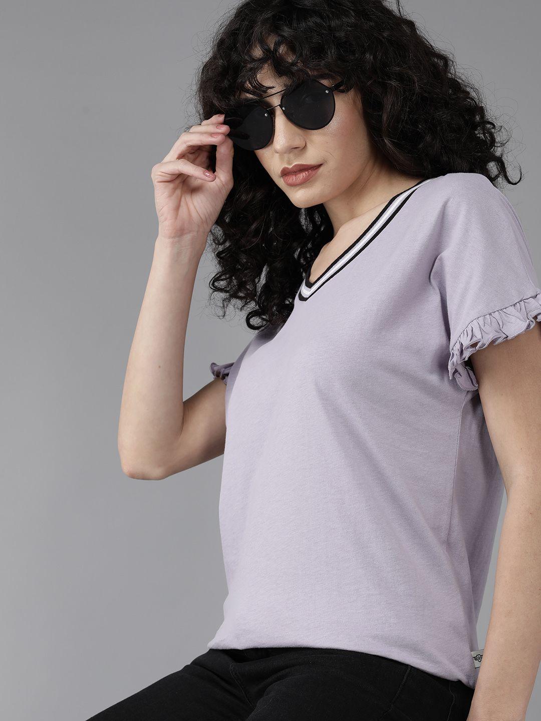 roadster women lavender v-neck extended sleeves pure cotton t-shirt
