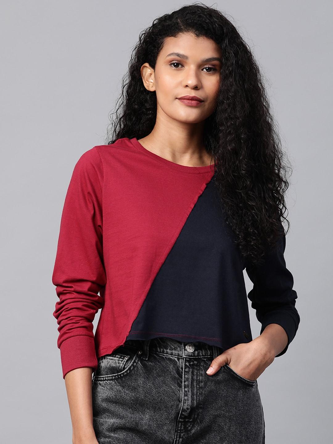 roadster women maroon  navy blue colourblocked round neck pure cotton t-shirt