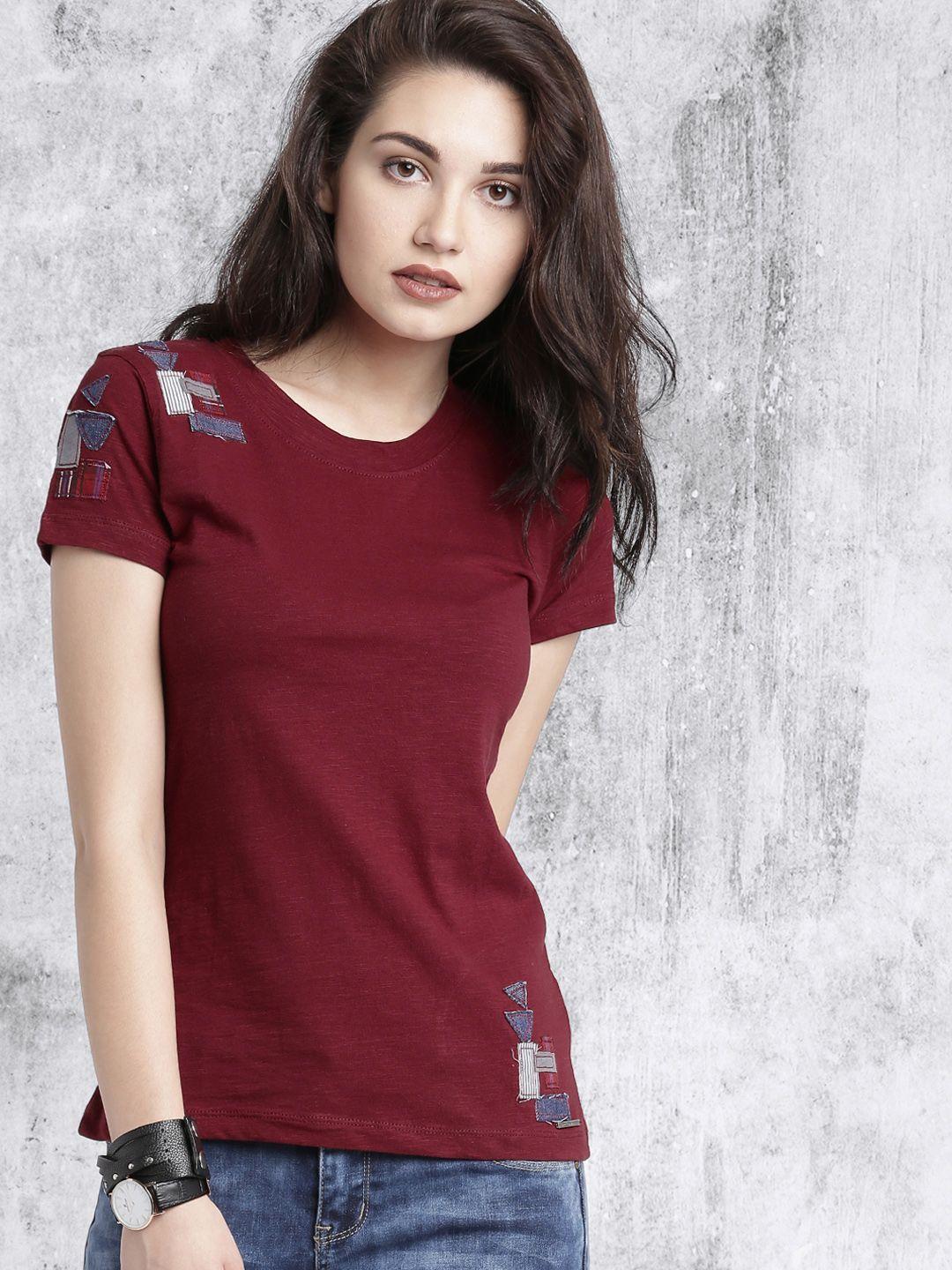 roadster women maroon solid pure cotton top