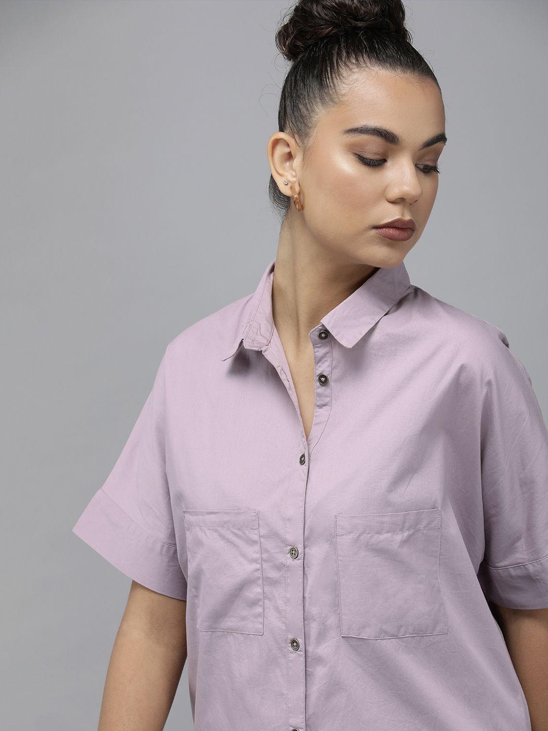 roadster women mauve solid pure cotton casual shirt