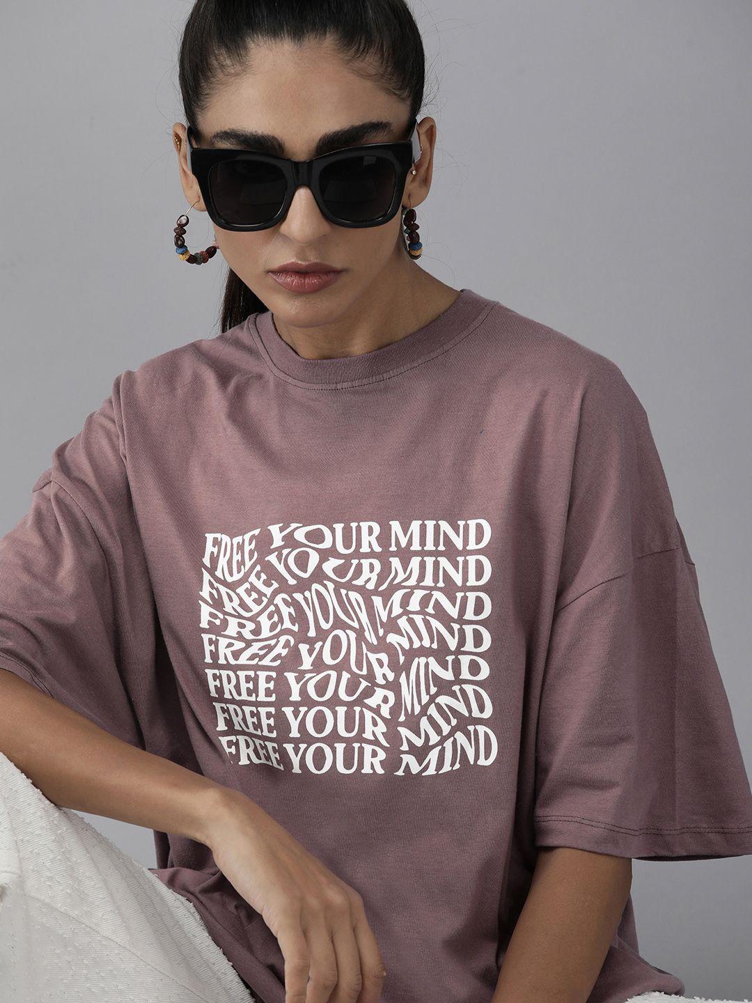 roadster women mauve typography printed drop-shoulder sleeves pure cotton boxy t-shirt