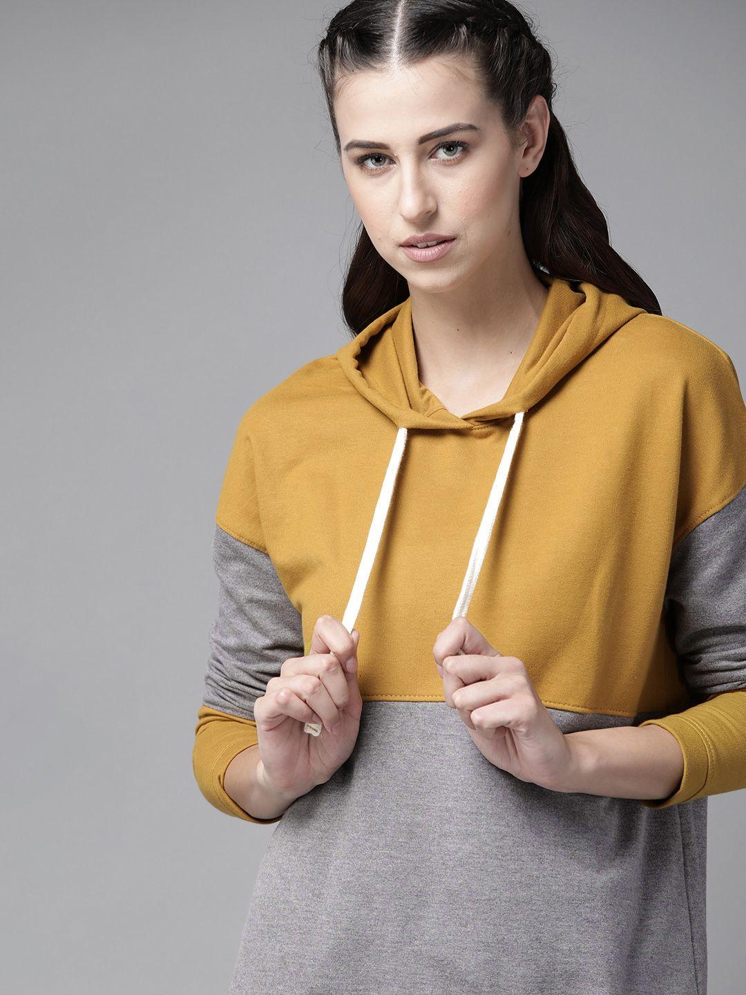 roadster women mustard yellow & grey melange colourblocked hooded sweatshirt