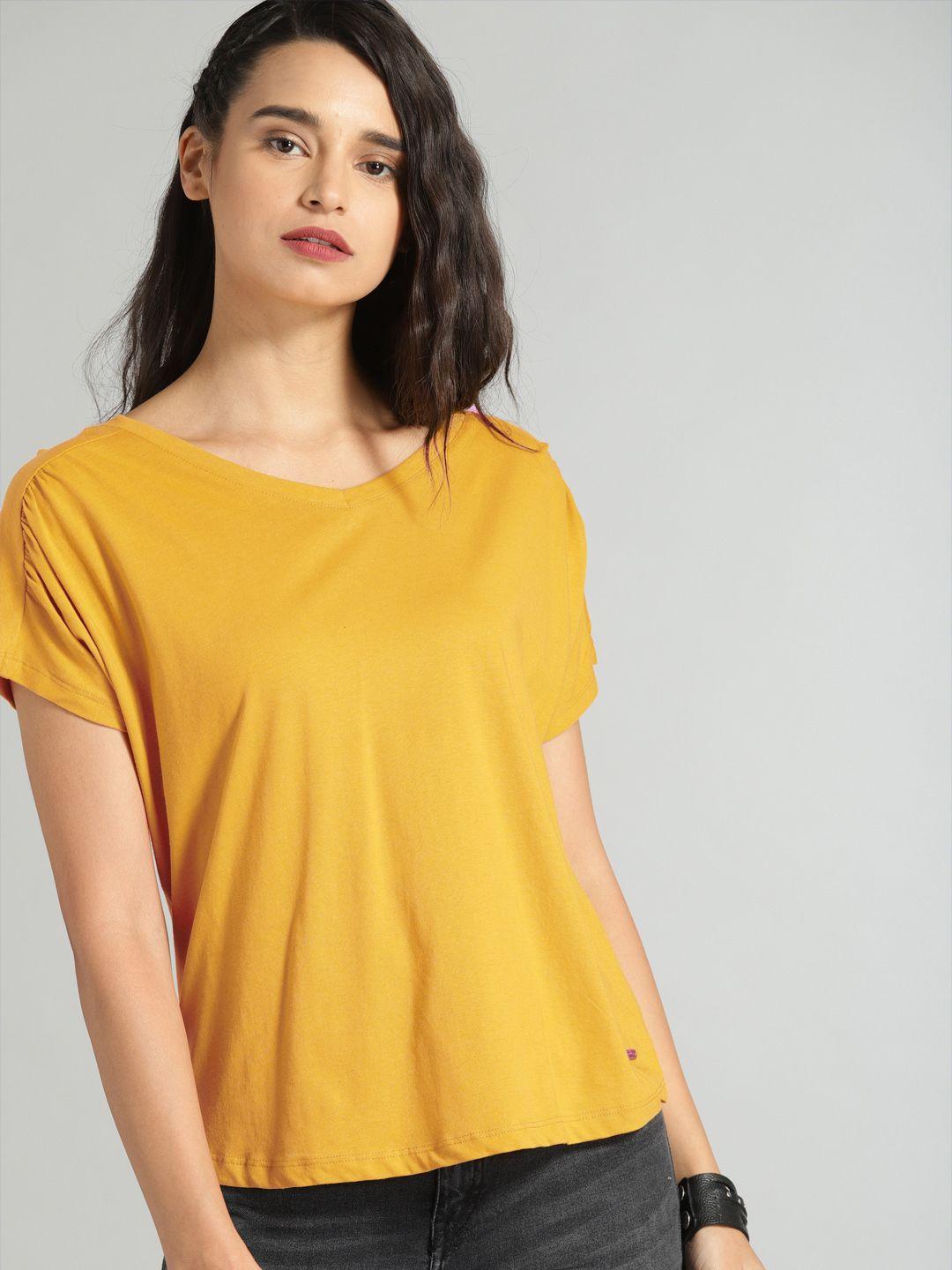 roadster women mustard yellow cotton pure cotton t-shirt