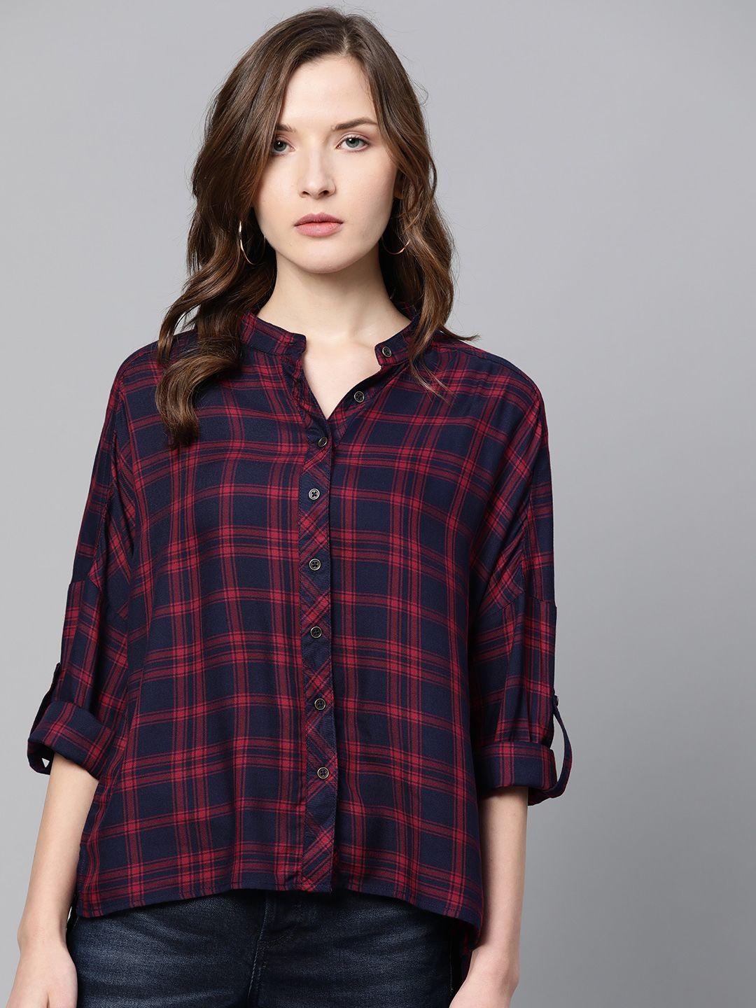 roadster women navy blue  red boxy checked casual shirt