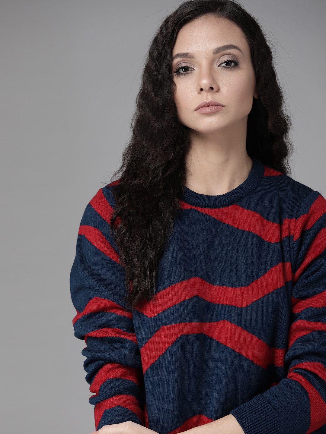 roadster women navy blue & red self design sweater