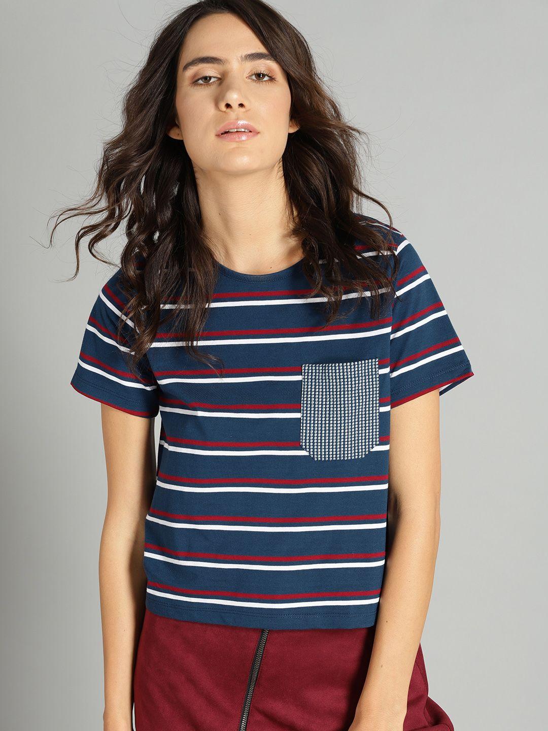 roadster women navy blue & red striped round neck t-shirt