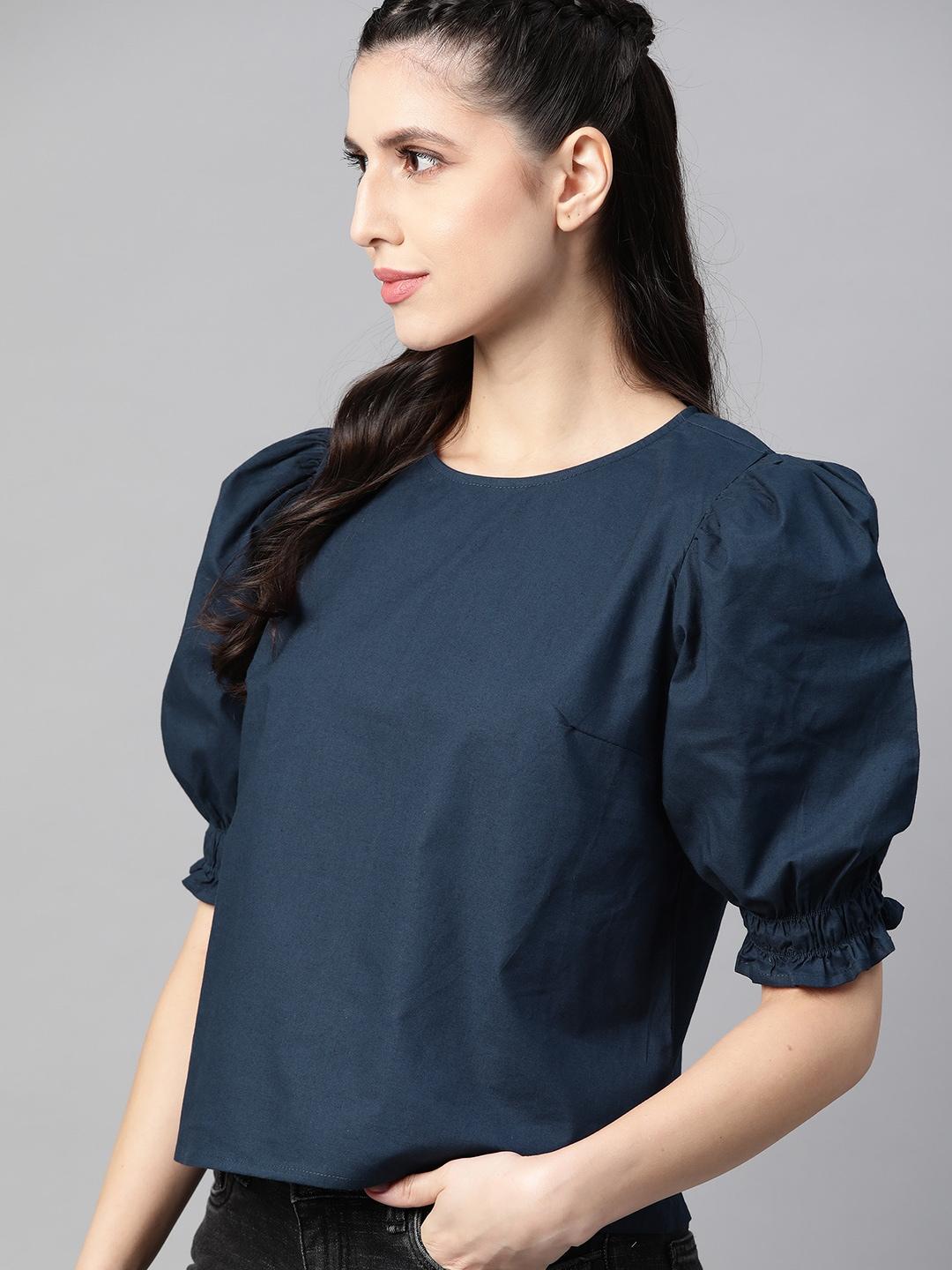 roadster women navy blue pure cotton puff sleeves regular top