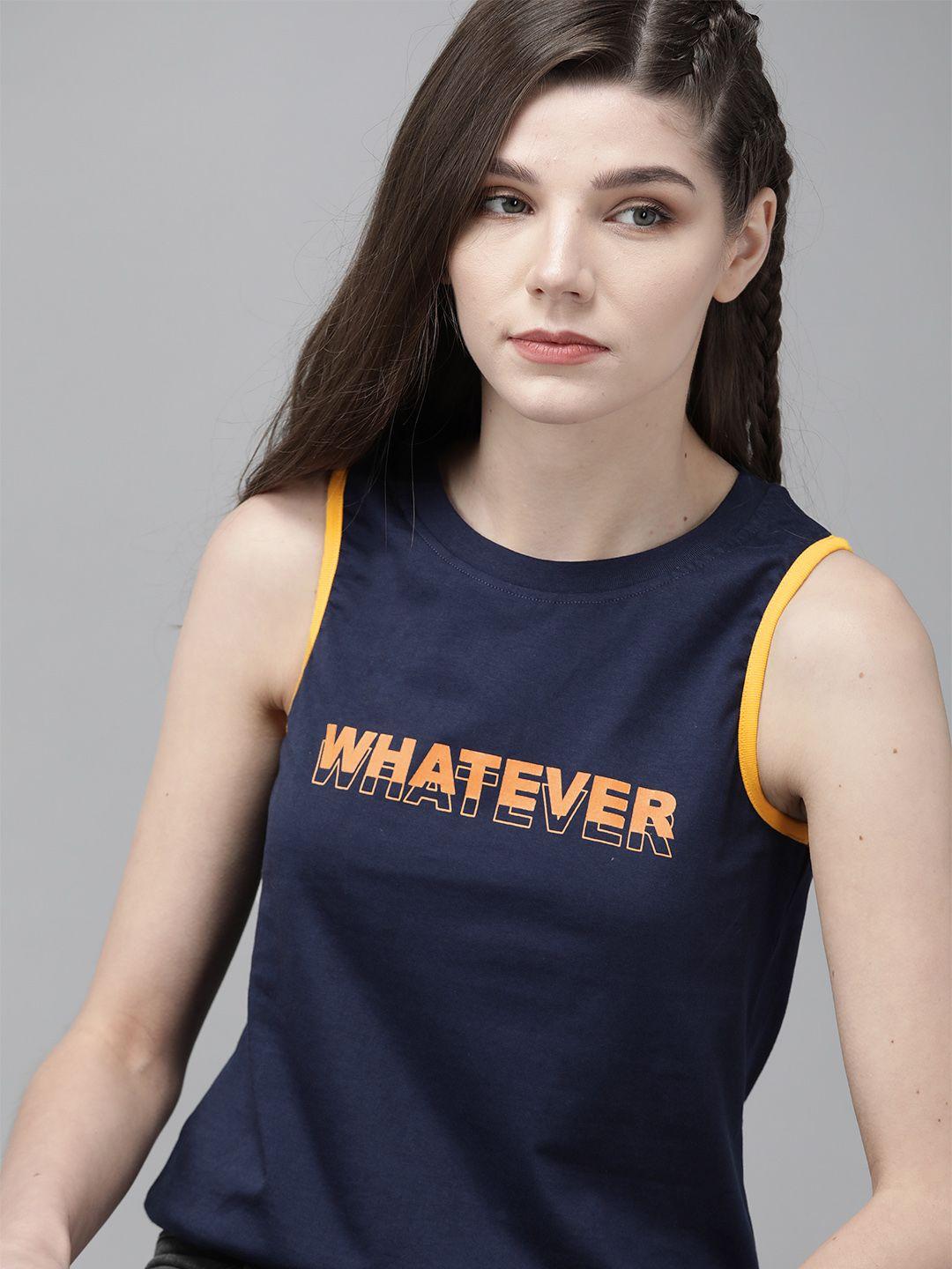 roadster women navy blue pure cotton typographic print round neck t-shirt