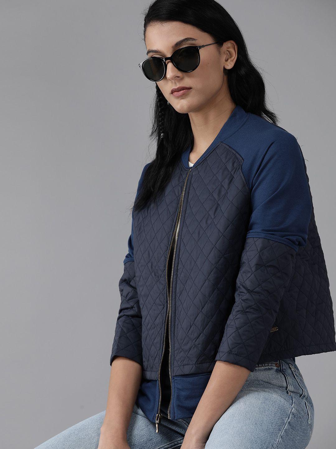 roadster women navy blue solid quilted jacket