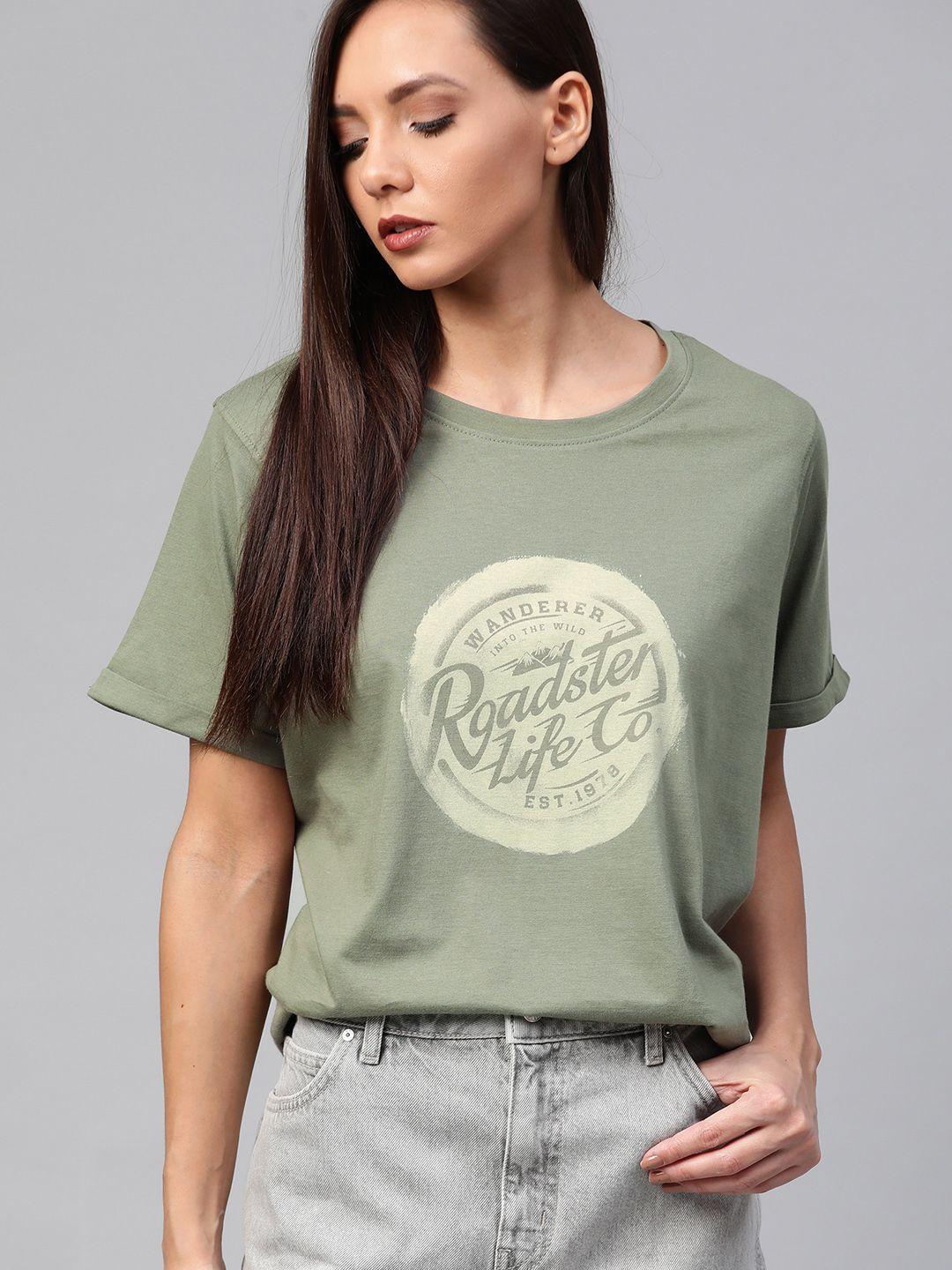 roadster women olive green brand logo printed round neck relaxed fit cotton t-shirt