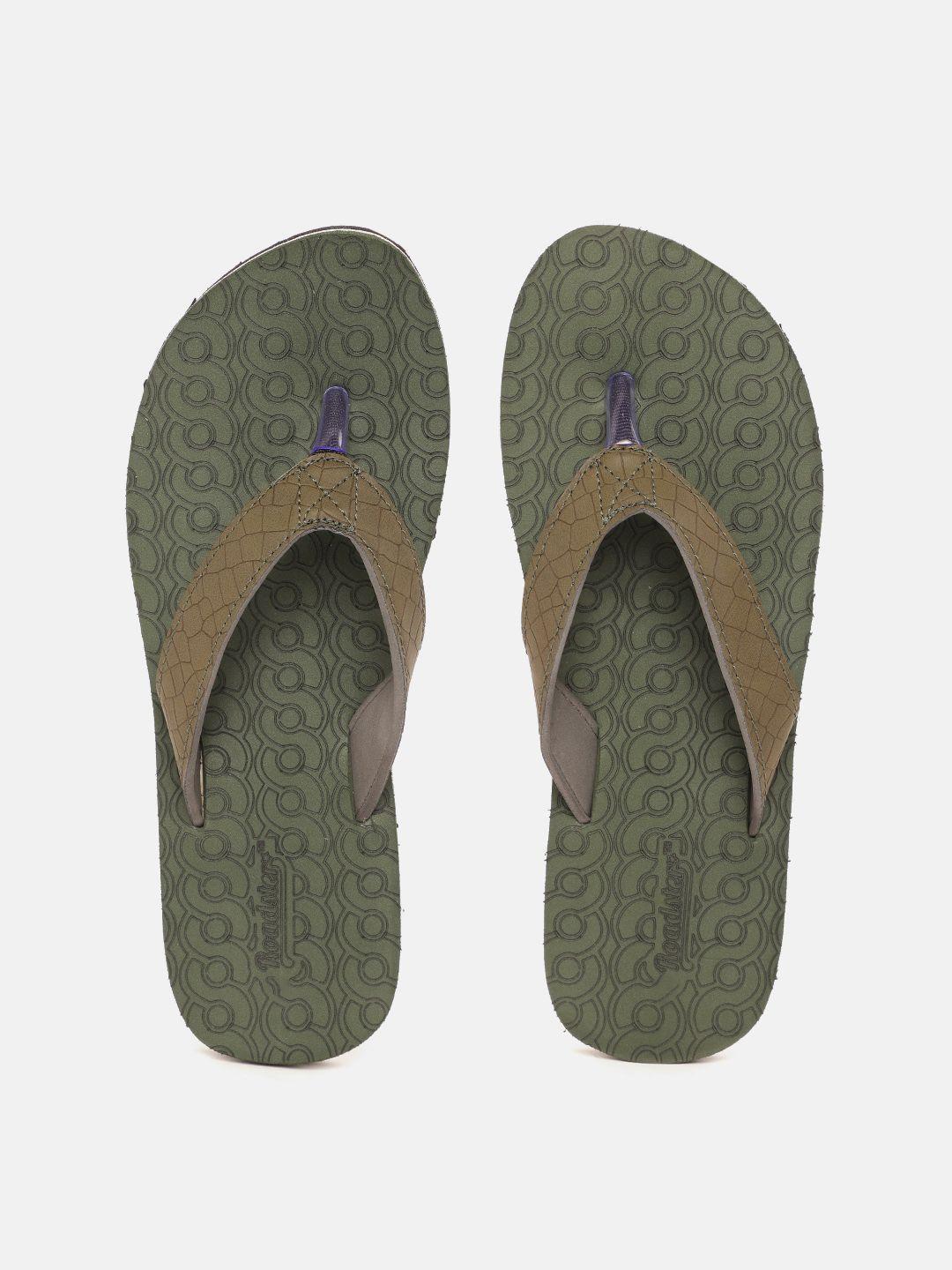 roadster women olive green croc-textured thong flip-flops