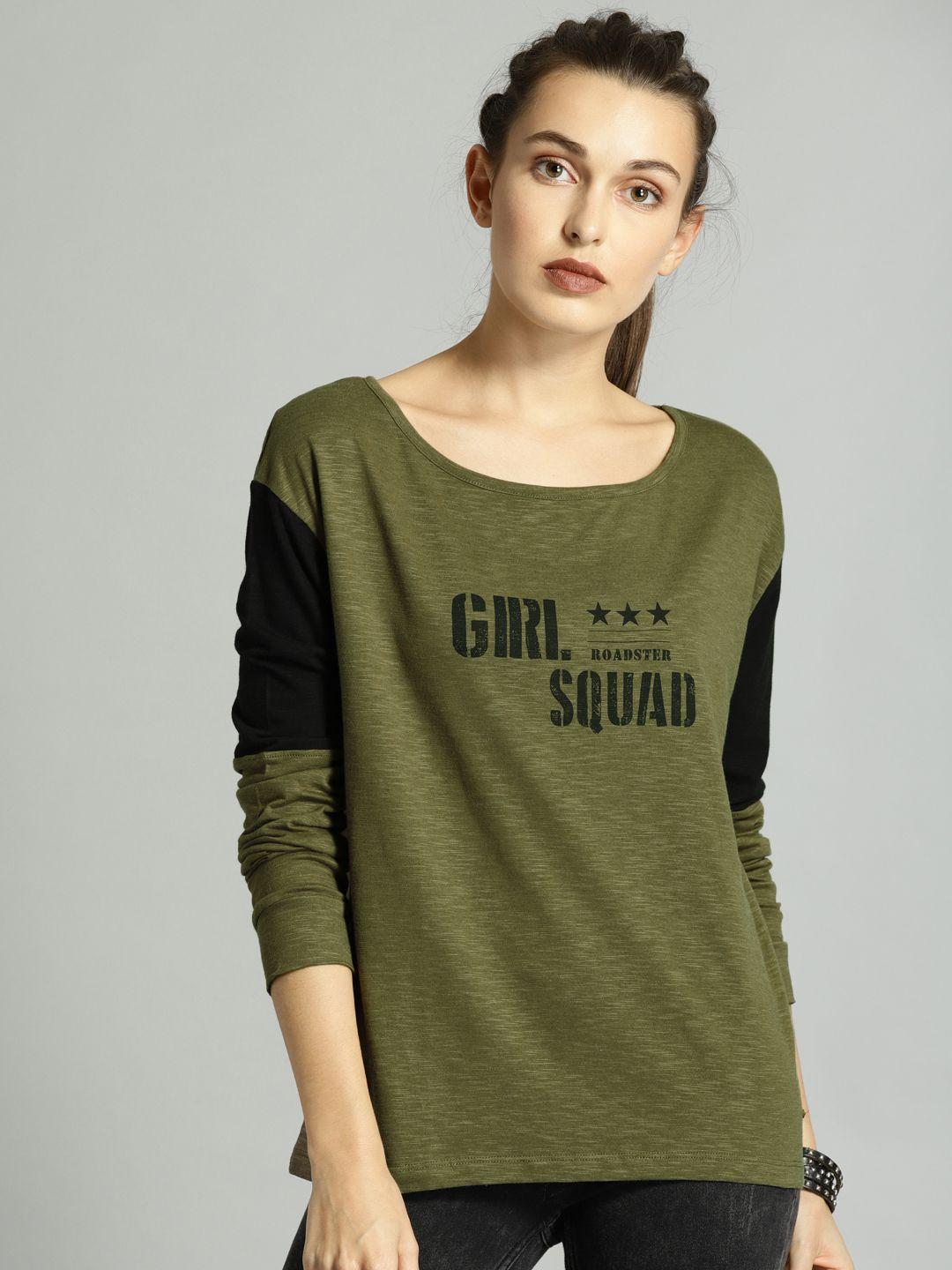 roadster women olive green printed top