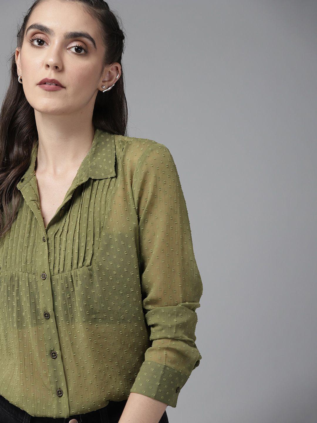 roadster women olive green semi sheer dobby weave casual shirt