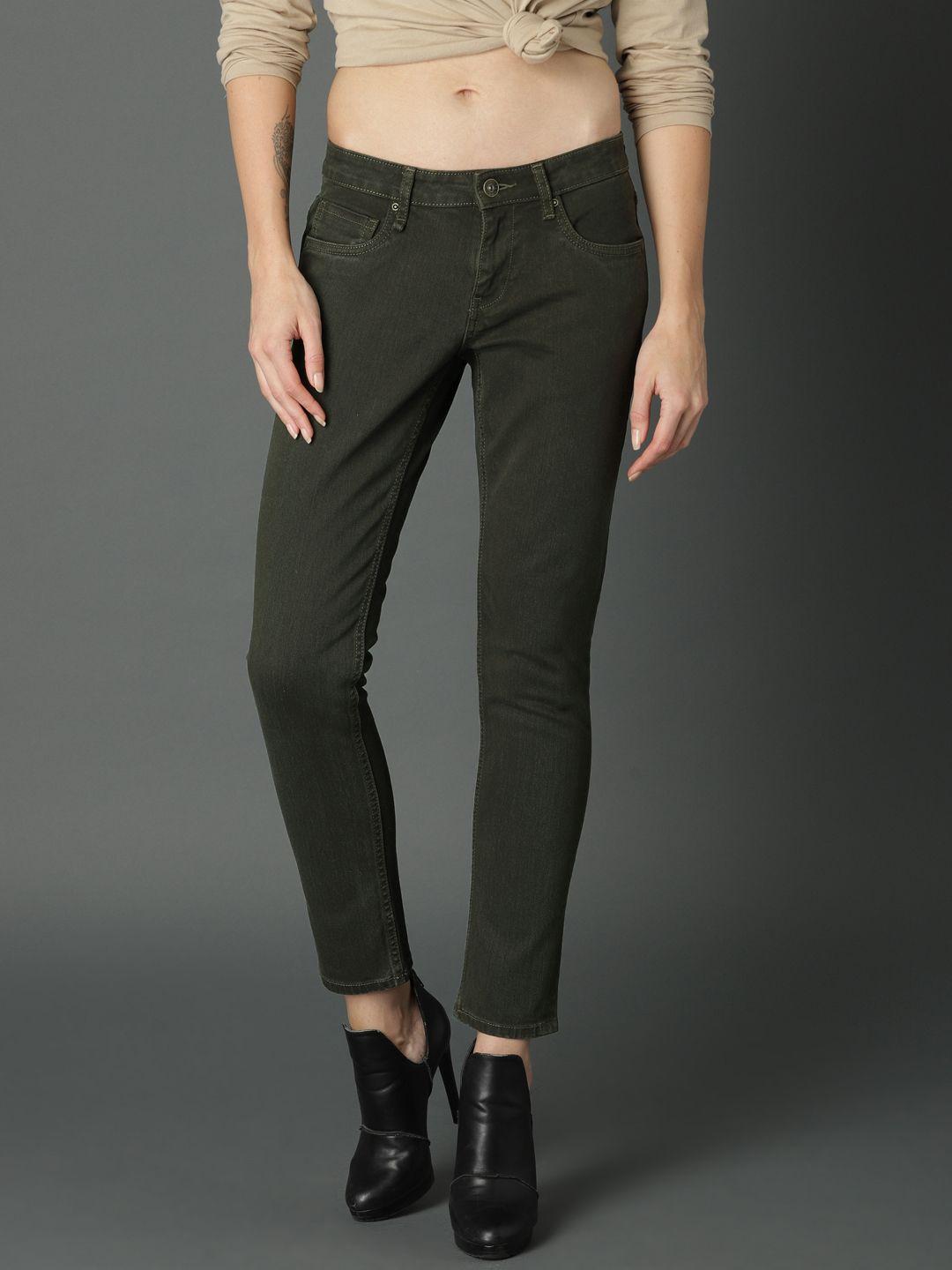 roadster women olive green slim fit mid-rise clean look stretchable jeans