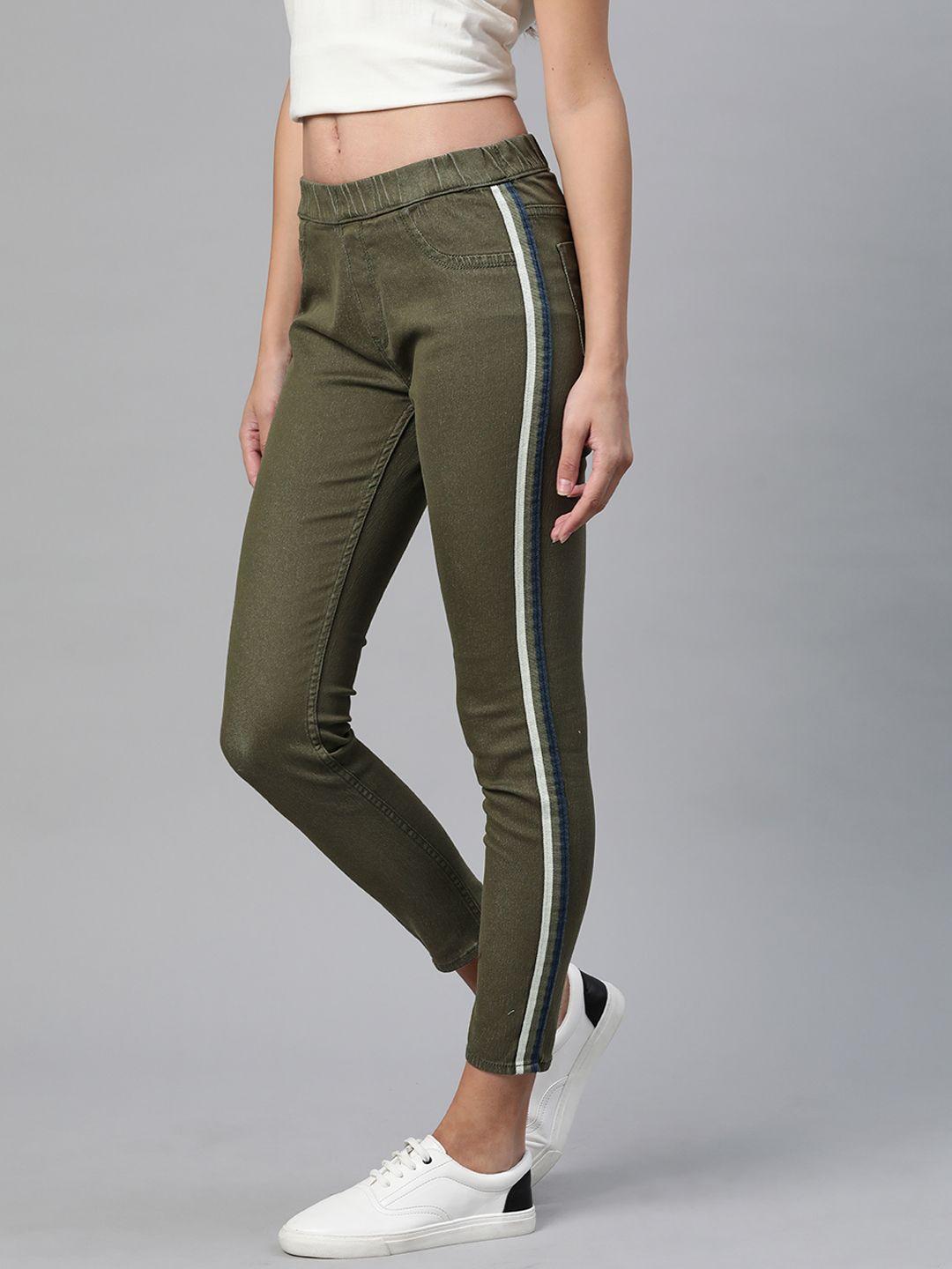 roadster women olive green solid cropped jeggings with side stripes