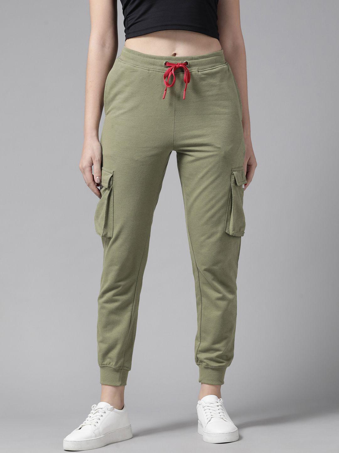 roadster women olive green solid high-rise slim fit joggers
