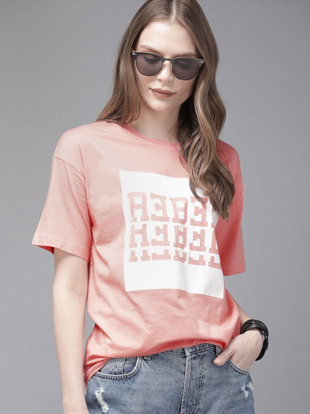 roadster women peach-coloured printed round neck t-shirt