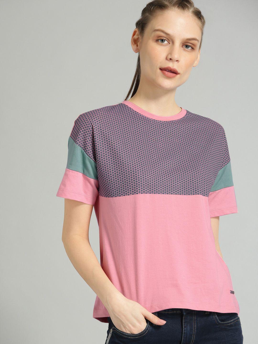 roadster women pink  blue printed round neck pure cotton t-shirt