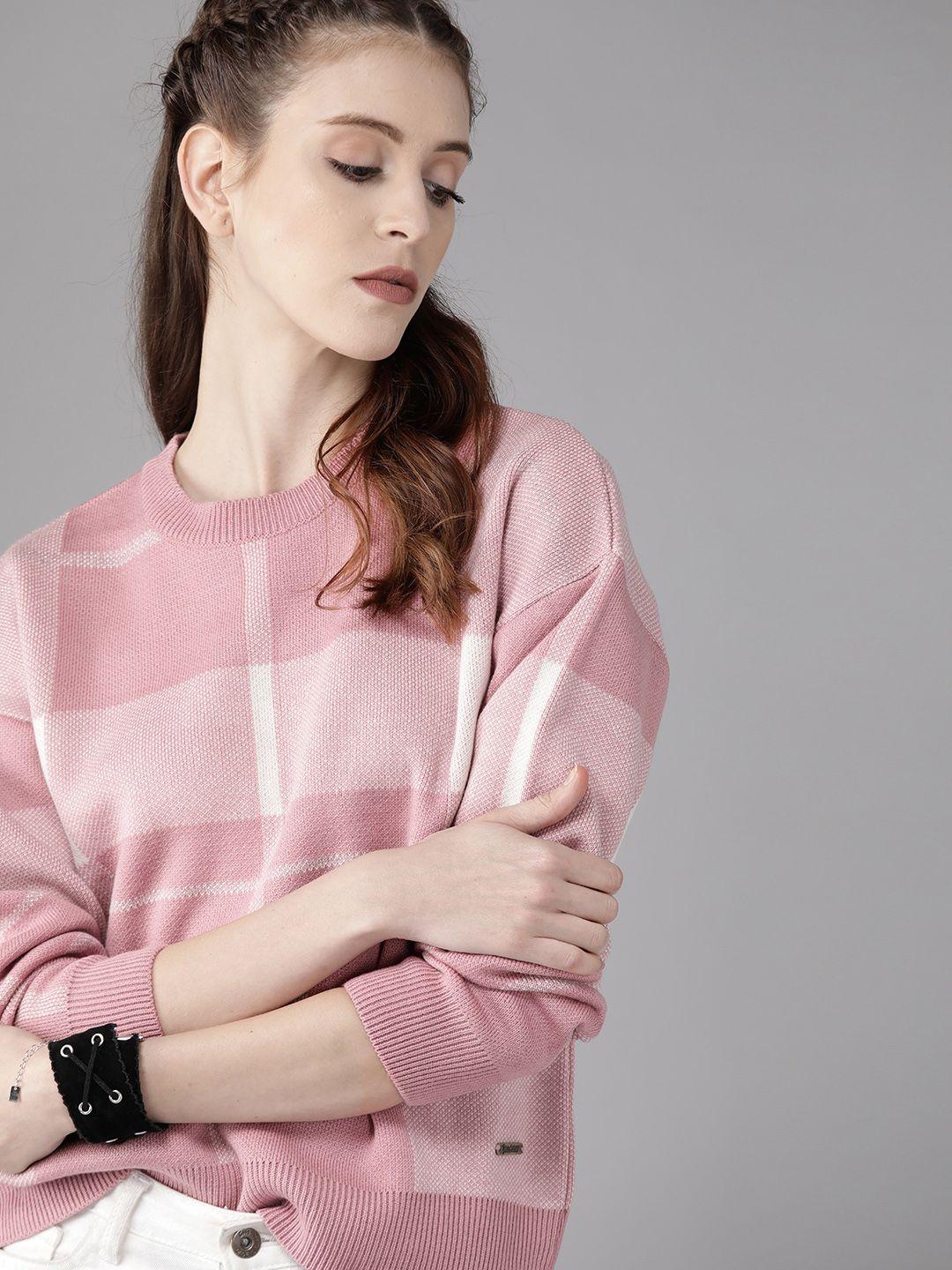 roadster women pink & white self design pullover