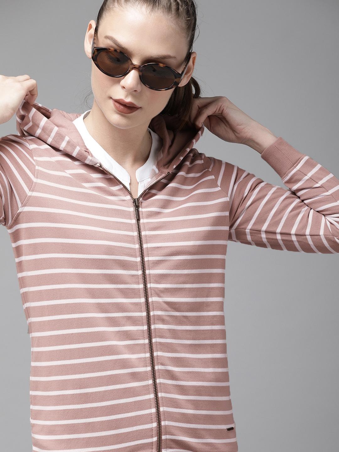 roadster women pink & white striped hooded sweatshirt
