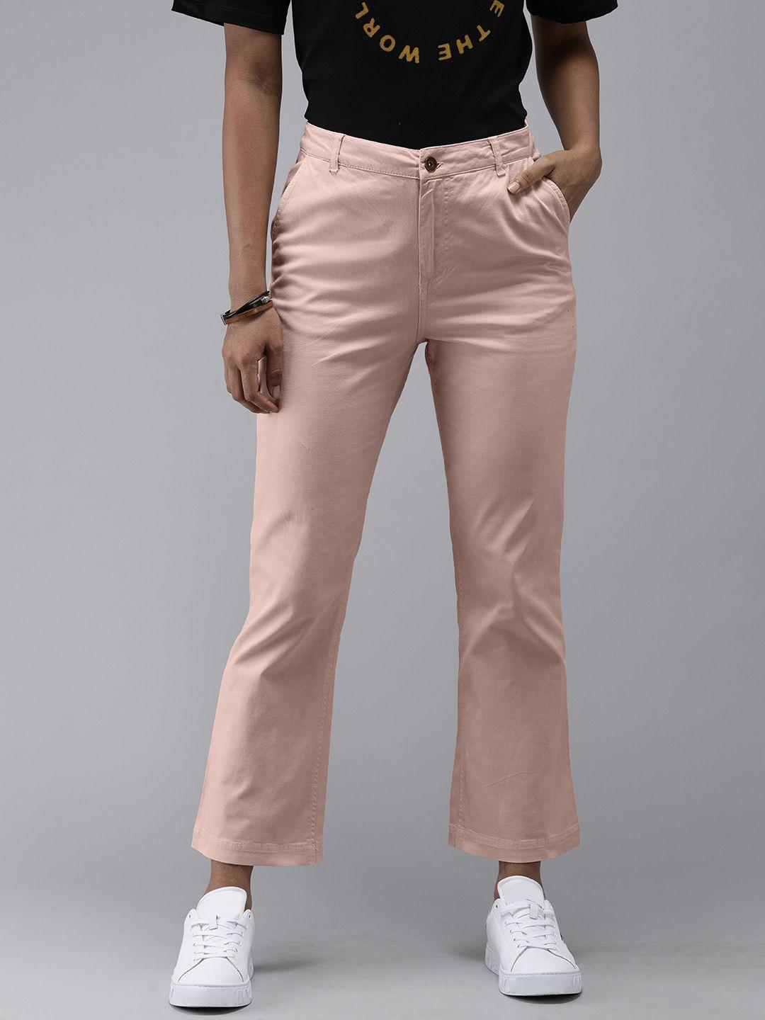 roadster women pink solid regular trousers