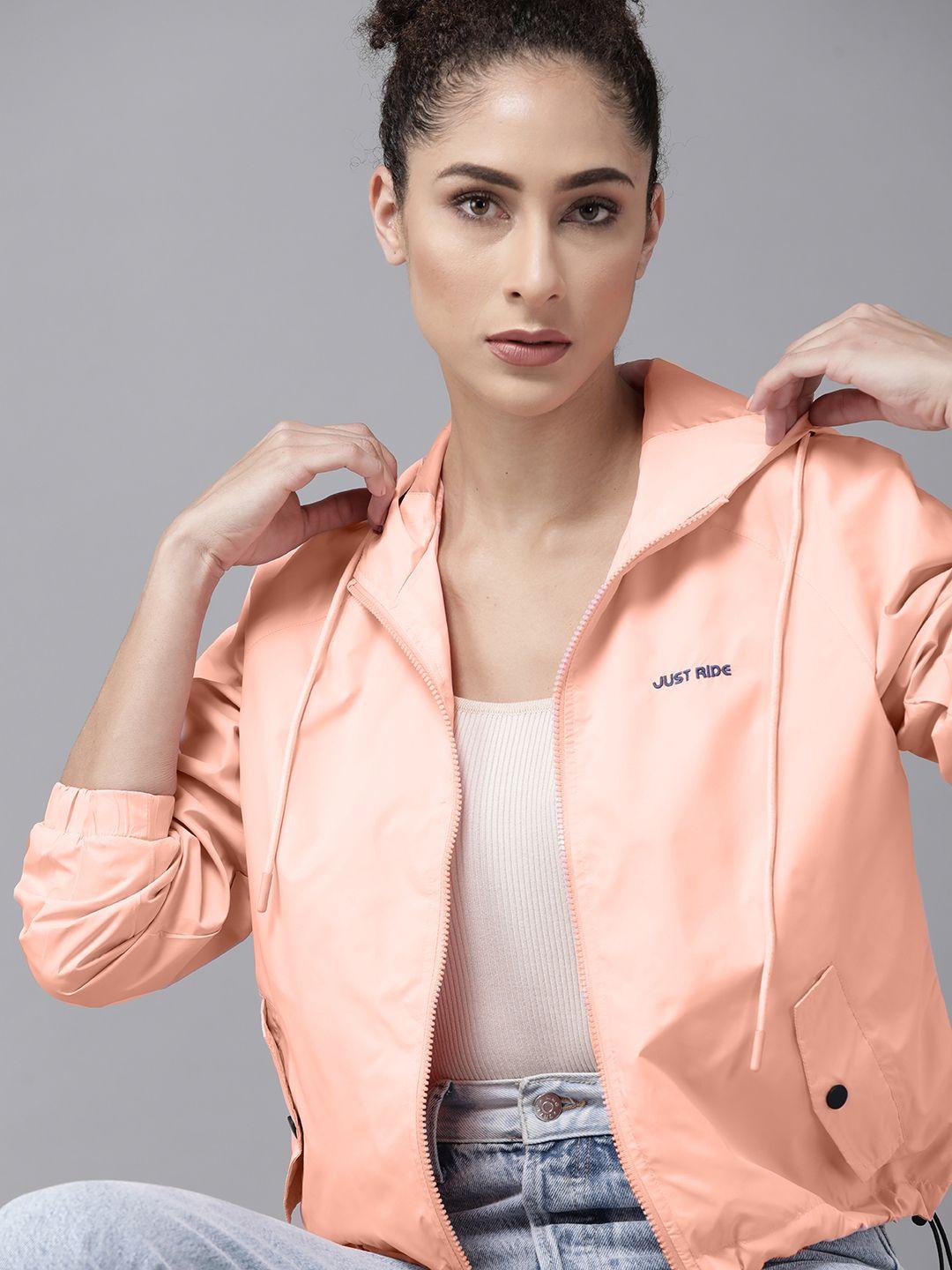 roadster women pink solid windcheater crop tailored jacket