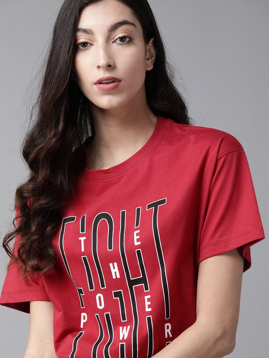 roadster women red & black printed boxy round neck t-shirt