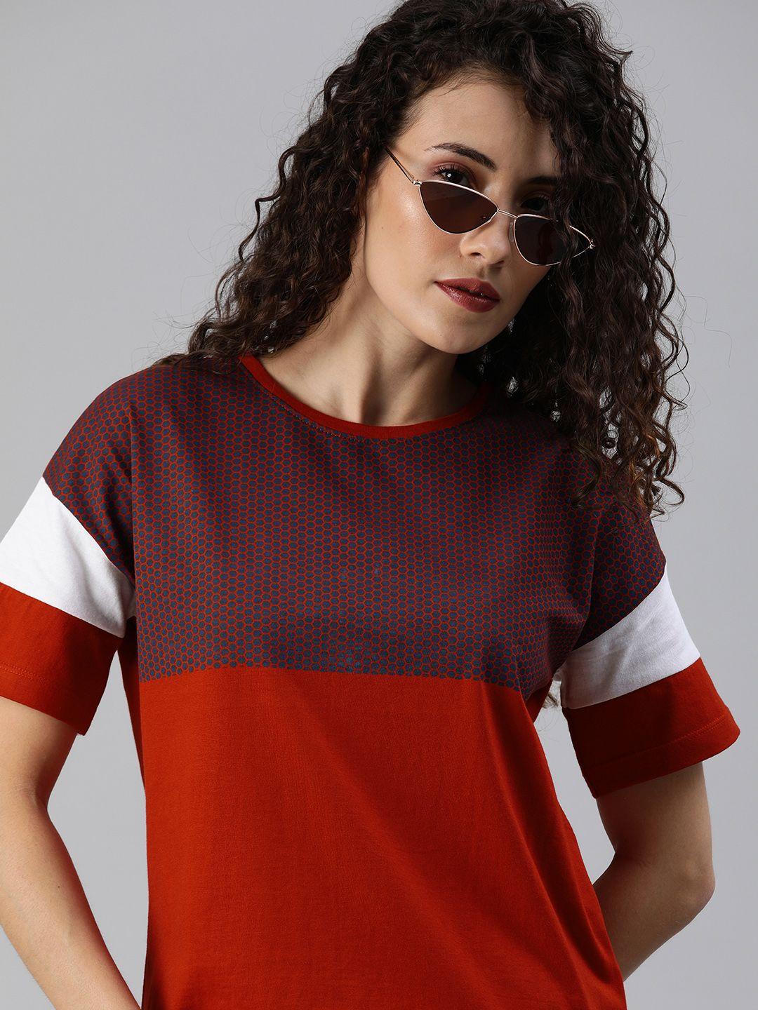 roadster women red colourblocked round neck t-shirt