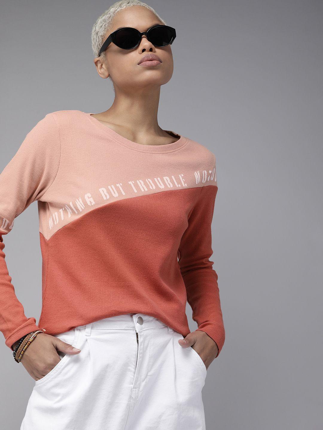 roadster women rose & pink colourblocked long sleeves round neck top