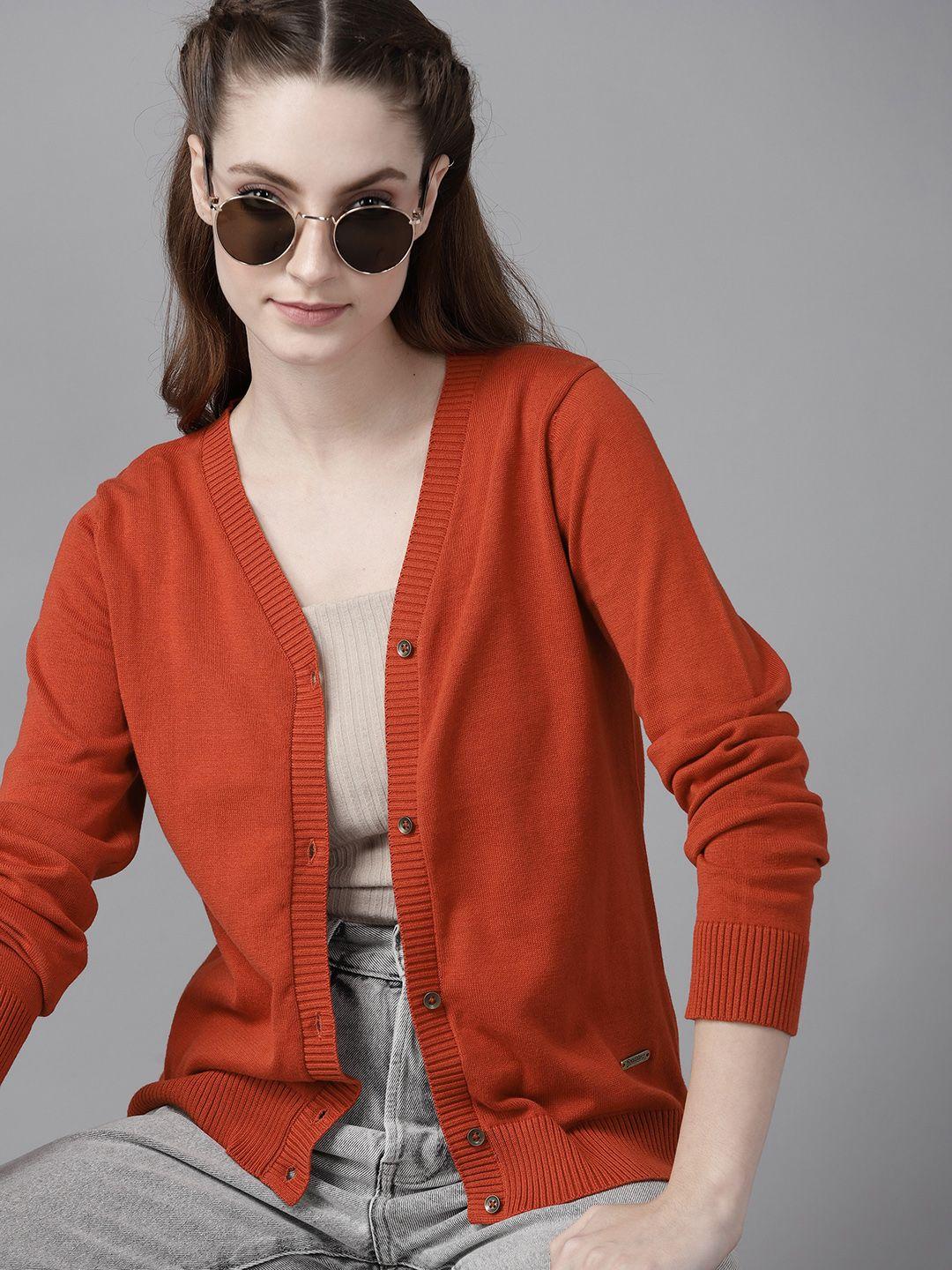 roadster women rust solid pure cotton v-neck cardigan
