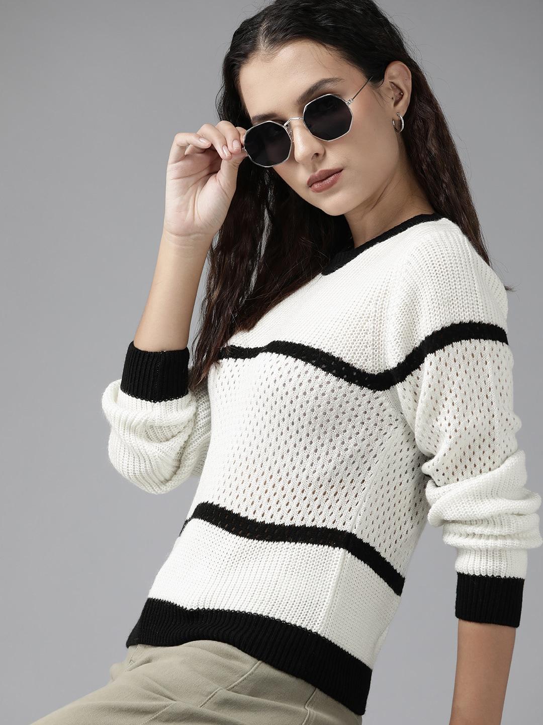 roadster women white & black striped pullover