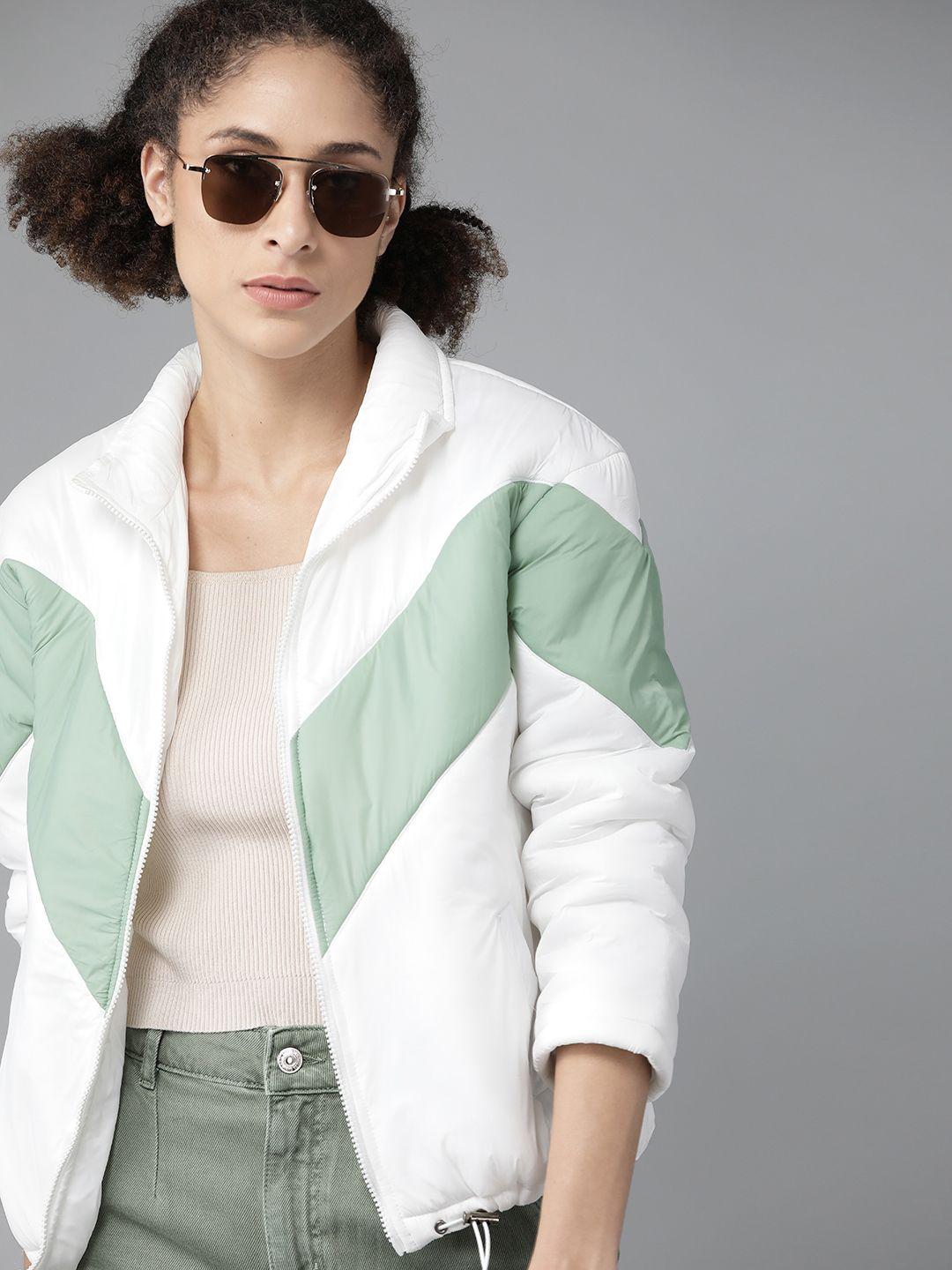 roadster women white & green colourblocked padded jacket