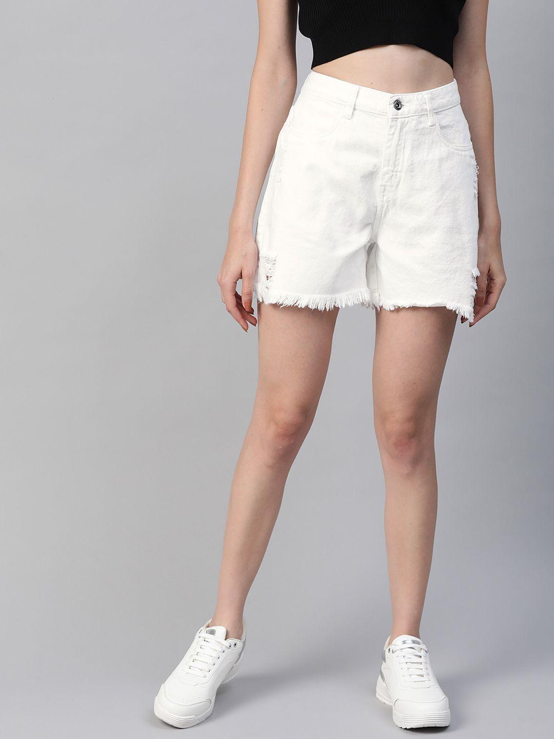 roadster women white loose fit mid-rise denim shorts