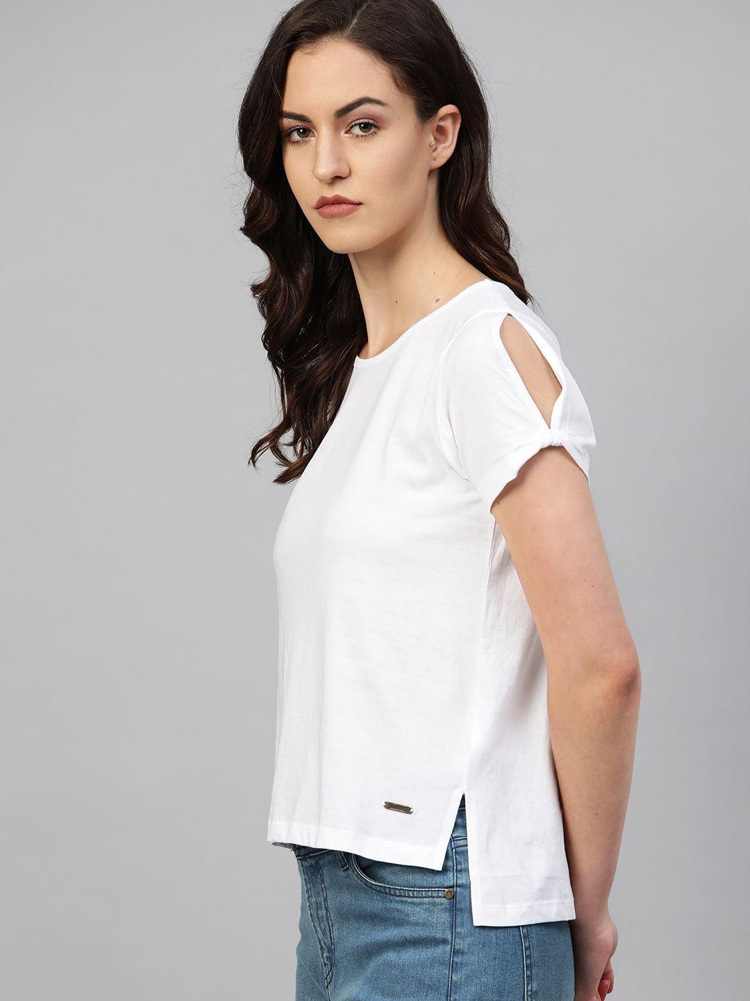 roadster women white solid round neck t-shirt