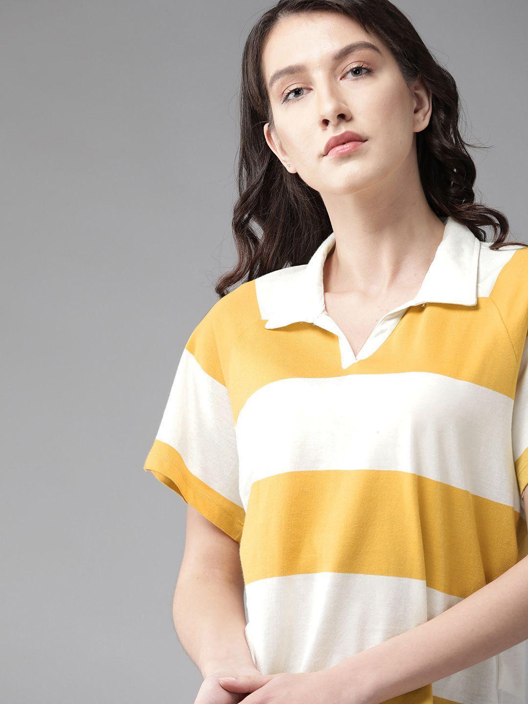 roadster women yellow & off-white striped pure cotton polo collar t-shirt